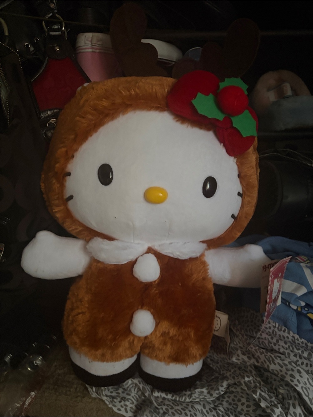 Hello Kitty Brown & White Reindeer Holiday Plush with Red Holly Bow greeter